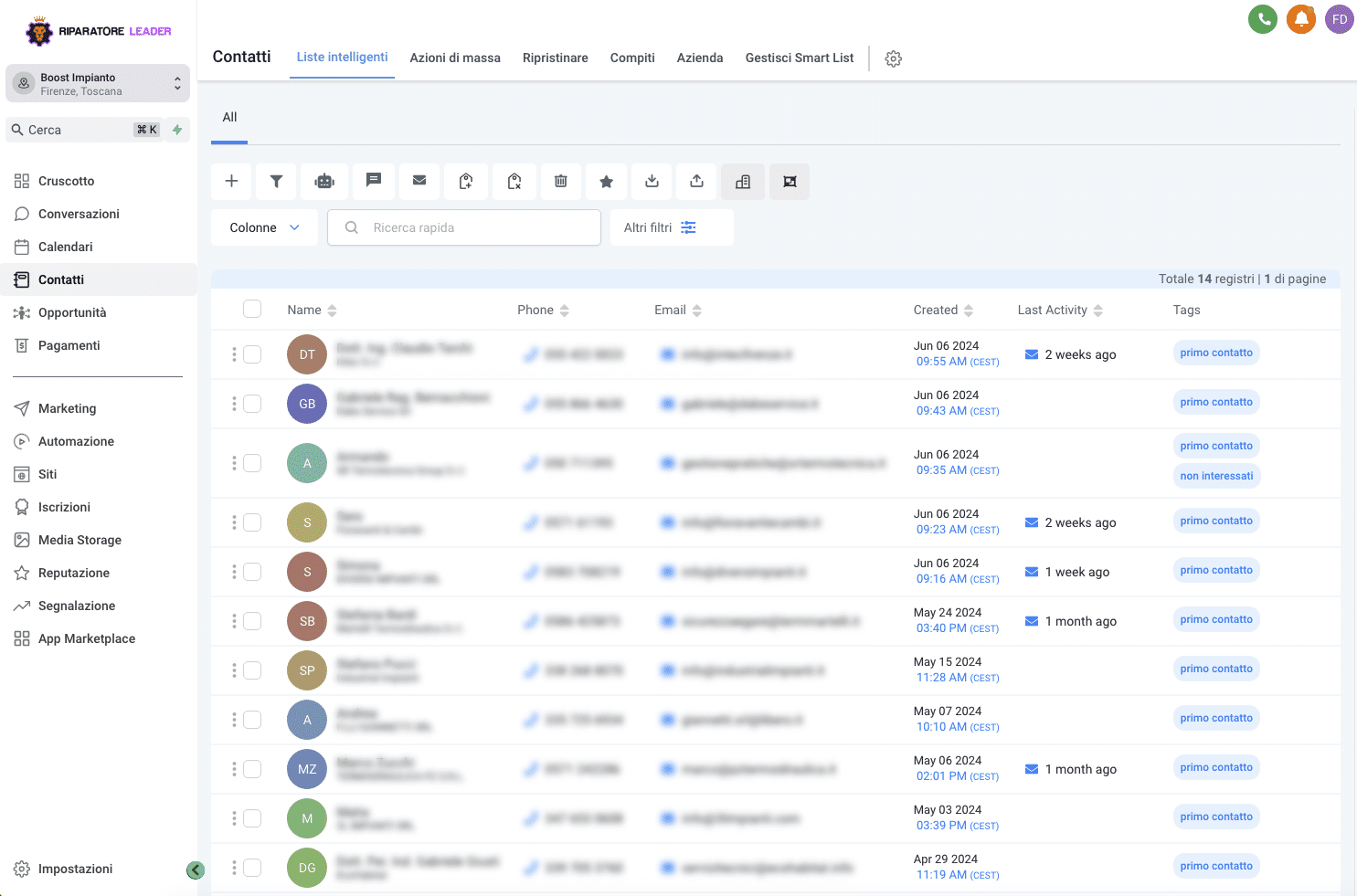Videata contatti CRM Riparatore Leader